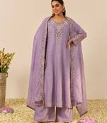Women's silk blend lavender embroidered kurta set with palazzo and dupatta