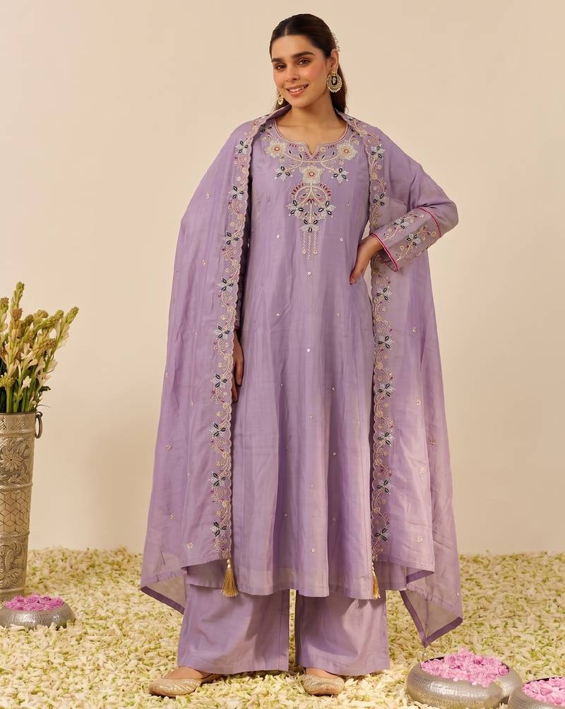 Women's silk blend lavender embroidered kurta set with palazzo and dupatta
