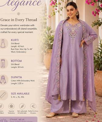 Women's silk blend lavender embroidered kurta set with palazzo and dupatta 2