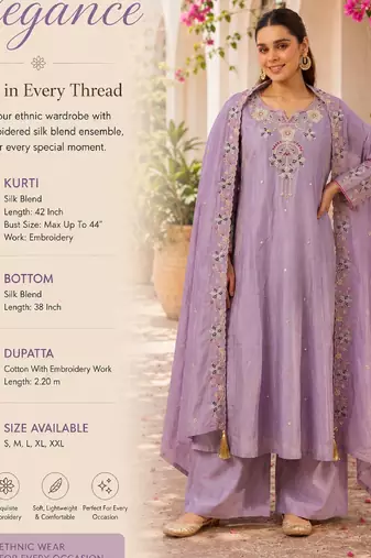 Women's silk blend lavender embroidered kurta set with palazzo and dupatta