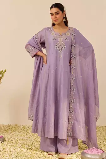 Women's silk blend lavender embroidered kurta set with palazzo and dupatta
