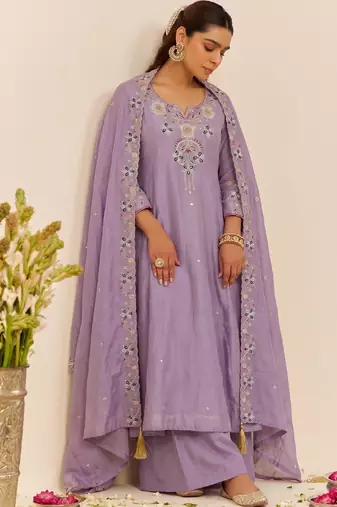 Women's silk blend lavender embroidered kurta set with palazzo and dupatta