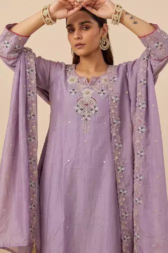 Women's silk blend lavender embroidered kurta set with palazzo and dupatta
