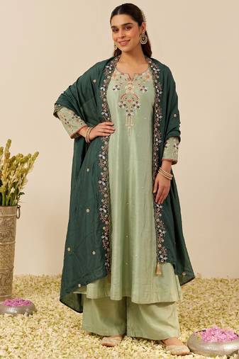 Women's silk blend pista embroidered kurta set with palazzo and dupatta