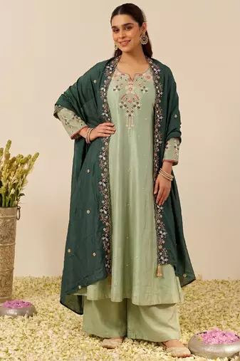 Women's silk blend pista embroidered kurta set with palazzo and dupatta
