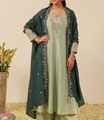 Women's silk blend pista embroidered kurta set with palazzo and dupatta