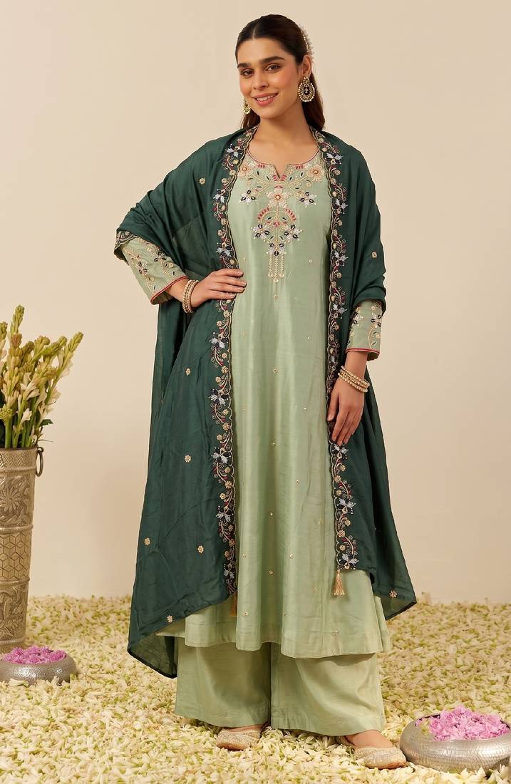 Women's silk blend pista embroidered kurta set with palazzo and dupatta