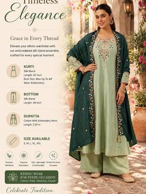 Women's silk blend pista embroidered kurta set with palazzo and dupatta 2