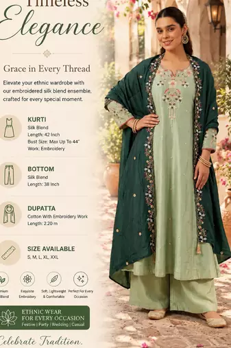 Women's silk blend pista embroidered kurta set with palazzo and dupatta