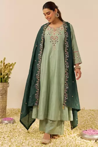 Women's silk blend pista embroidered kurta set with palazzo and dupatta