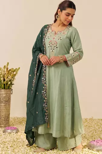 Women's silk blend pista embroidered kurta set with palazzo and dupatta