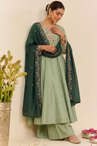 Women's silk blend pista embroidered kurta set with palazzo and dupatta