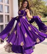 Women's purple embroidered silk blend flared kurta with full inner with palazzo and dupatta