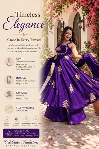 Women's purple embroidered silk blend flared kurta with full inner with palazzo and dupatta