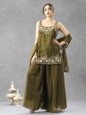 Women's silk blend olive embroidered kurta set with palazzo and dupatta 1