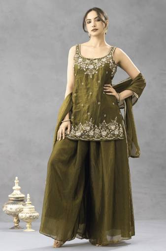 Women's silk blend olive embroidered kurta set with palazzo and dupatta