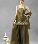 Women's silk blend olive embroidered kurta set with palazzo and dupatta