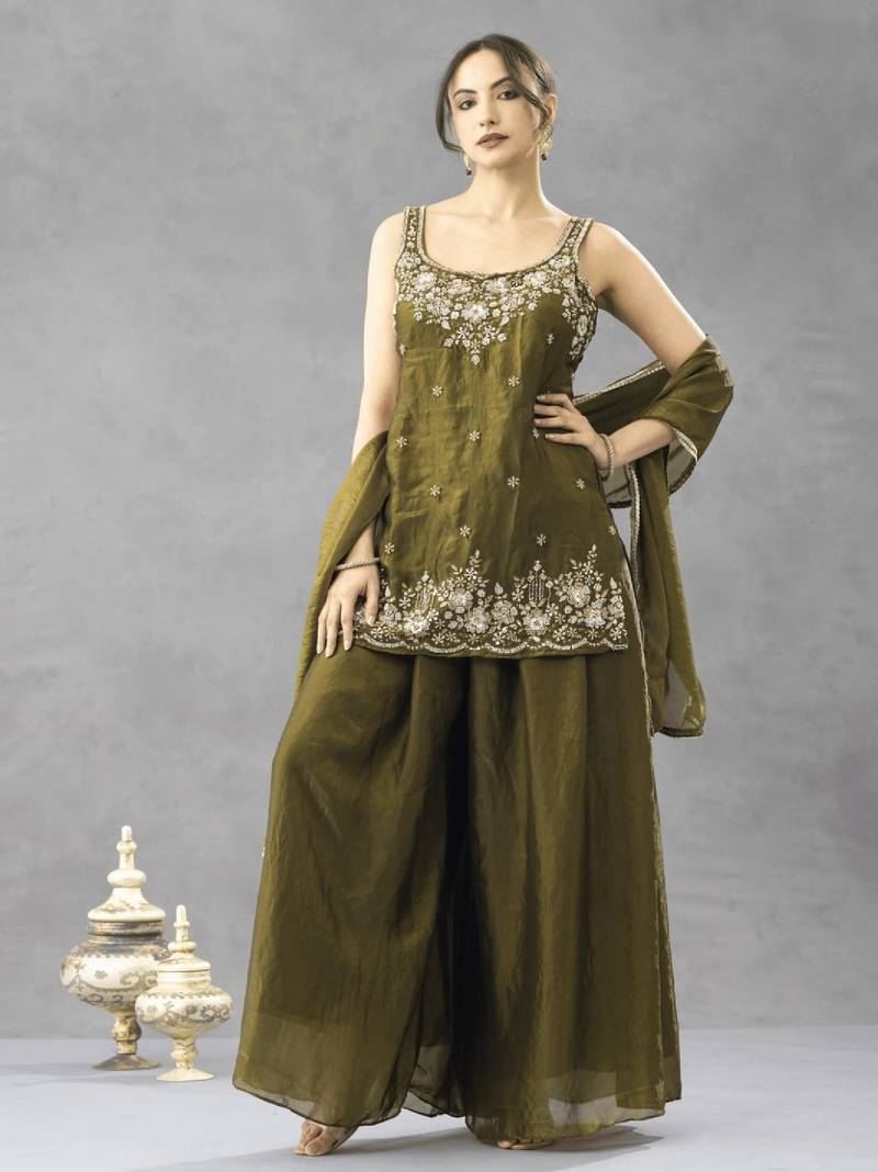 Women's silk blend olive embroidered kurta set with palazzo and dupatta
