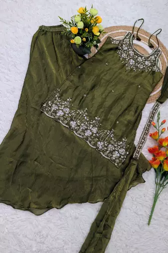 Women's silk blend olive embroidered kurta set with palazzo and dupatta