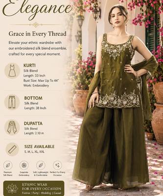 Women's silk blend olive embroidered kurta set with palazzo and dupatta 2