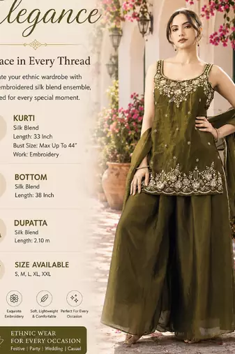 Women's silk blend olive embroidered kurta set with palazzo and dupatta