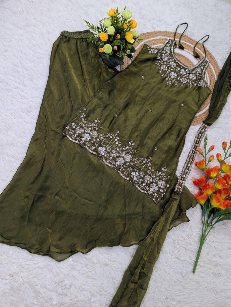 Women's silk blend olive embroidered kurta set with palazzo and dupatta