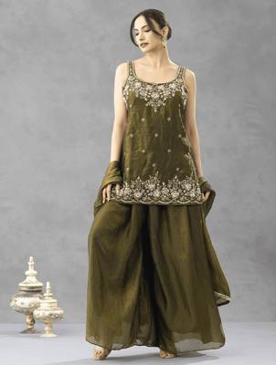 Women's silk blend olive embroidered kurta set with palazzo and dupatta 3