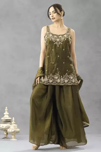Women's silk blend olive embroidered kurta set with palazzo and dupatta