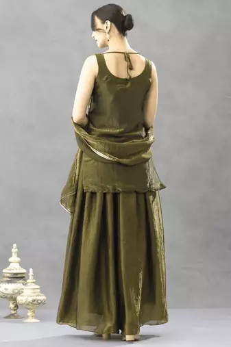 Women's silk blend olive embroidered kurta set with palazzo and dupatta