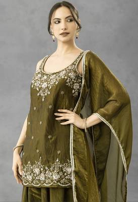 Women's silk blend olive embroidered kurta set with palazzo and dupatta 5