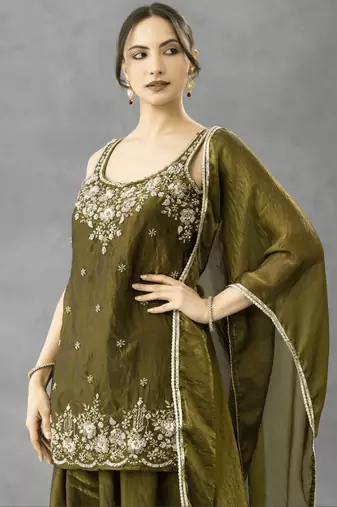 Women's silk blend olive embroidered kurta set with palazzo and dupatta