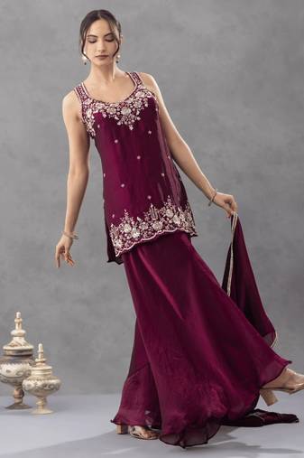 Women's silk blend wine embroidered kurta set with palazzo and dupatta