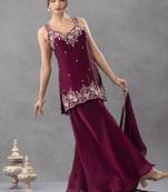 Women's silk blend wine embroidered kurta set with palazzo and dupatta