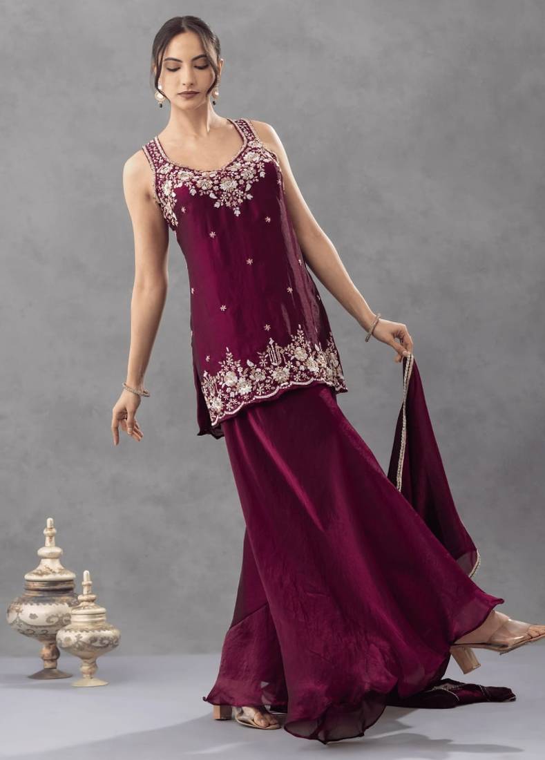 Women's silk blend wine embroidered kurta set with palazzo and dupatta