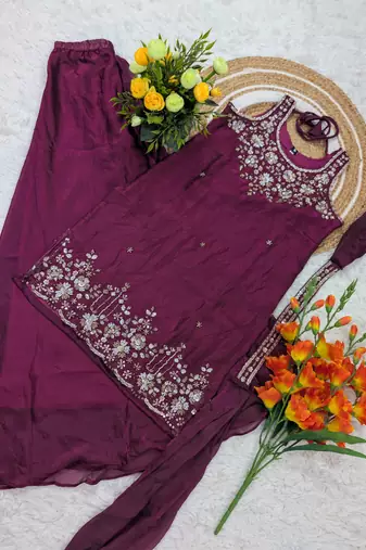 Women's silk blend wine embroidered kurta set with palazzo and dupatta
