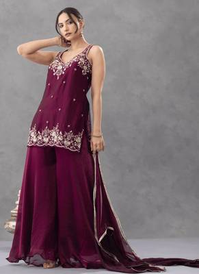 Women's silk blend wine embroidered kurta set with palazzo and dupatta 2