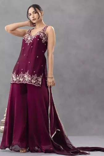 Women's silk blend wine embroidered kurta set with palazzo and dupatta