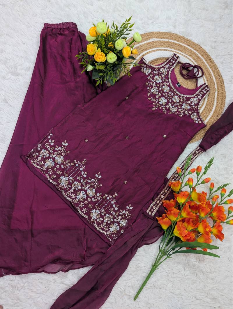 Women's silk blend wine embroidered kurta set with palazzo and dupatta
