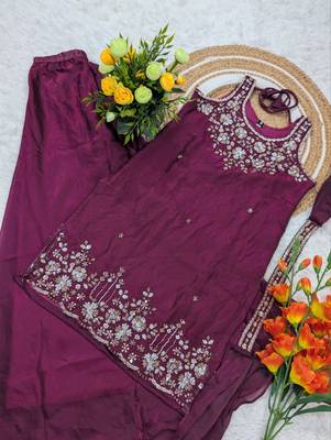 Women's silk blend wine embroidered kurta set with palazzo and dupatta 3