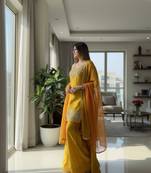 Women's silk blend yellow embroidered kurta set with palazzo and dupatta