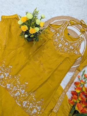 Women's silk blend yellow embroidered kurta set with palazzo and dupatta 3