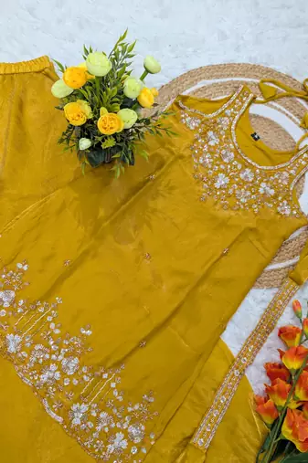 Women's silk blend yellow embroidered kurta set with palazzo and dupatta