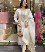 Women's off white straight embroidered viscose kurta set with pant and dupatta