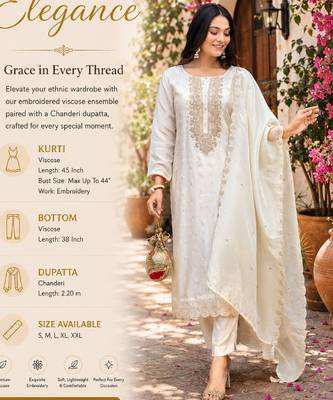 Women's off white straight embroidered viscose kurta set with pant and dupatta 2