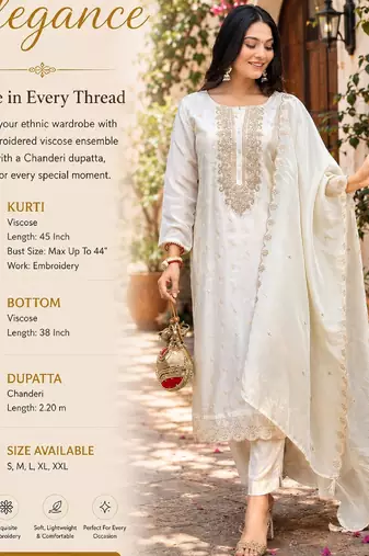 Women's off white straight embroidered viscose kurta set with pant and dupatta