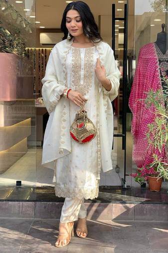 Women's off white straight embroidered viscose kurta set with pant and dupatta