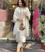 Women's off white straight embroidered viscose kurta set with pant and dupatta