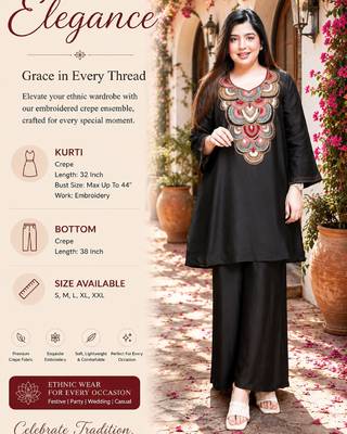 Women's black embroidered straight crepe kurta with pant 2