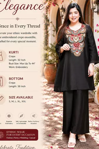 Women's black embroidered straight crepe kurta with pant