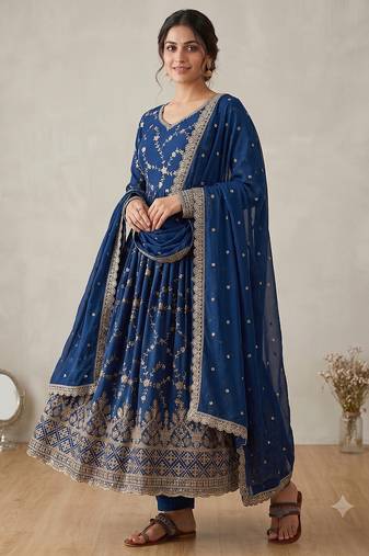 Royal blue zari embroidered georgette anarkali suit with dupatta